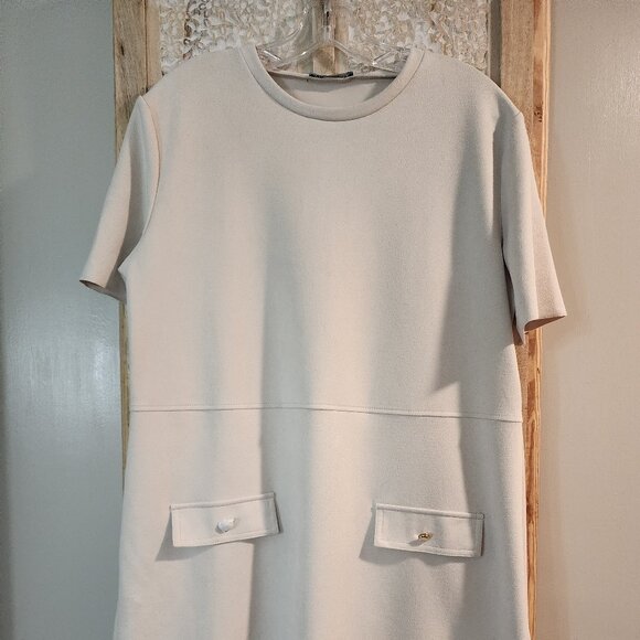Zara Short Sleeve Shift Dress with Gold Button Pockets Raw Hem Women’s XL Beige - Picture 1 of 6